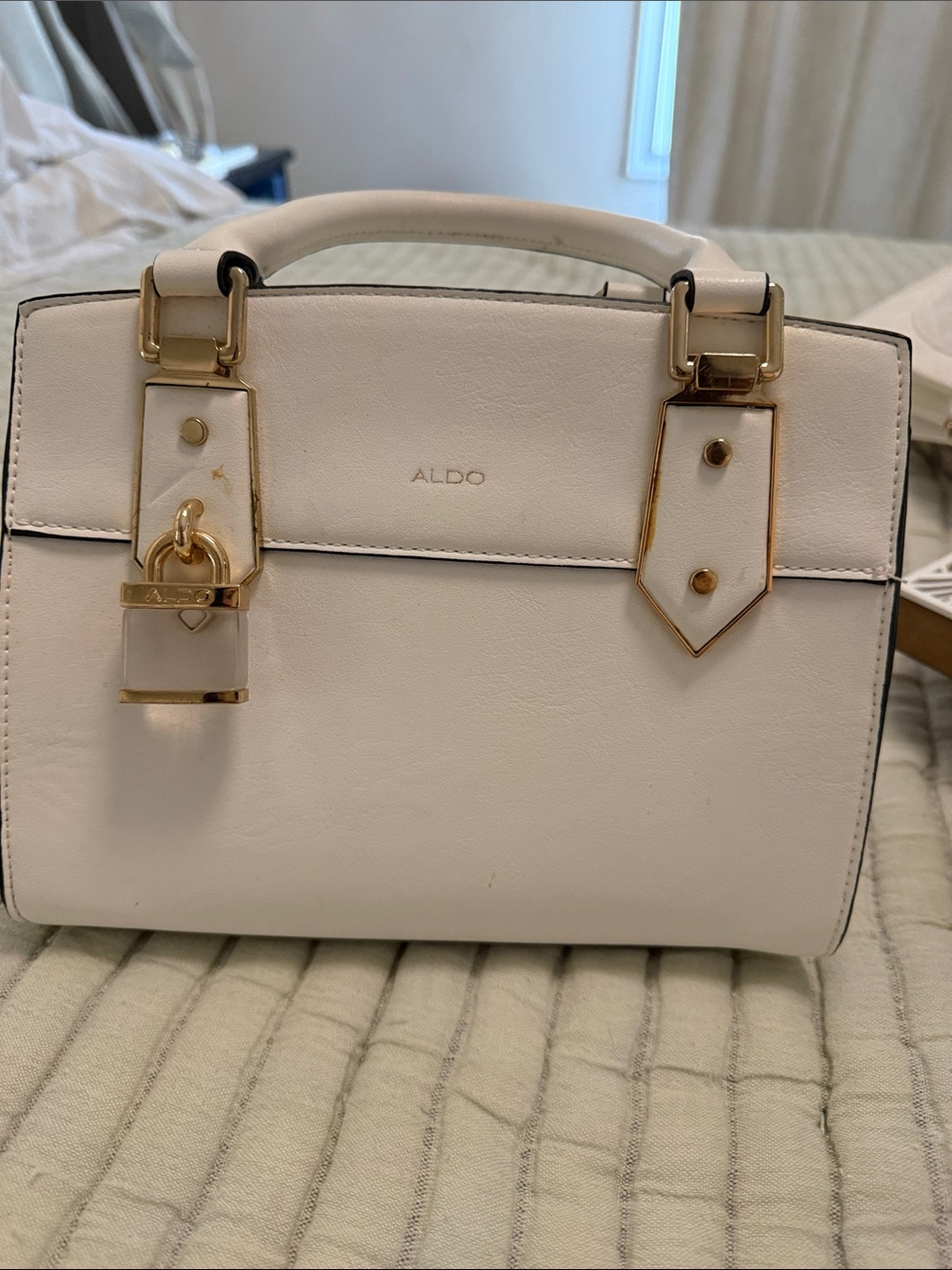 Aldo Cream Structured Satchel with Gold Hardware